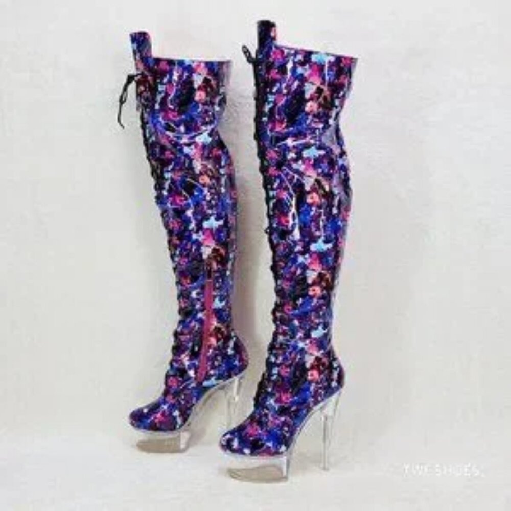 Bulls Multi Color Print Patent OTK Clear Platform High Heel Thigh Boot